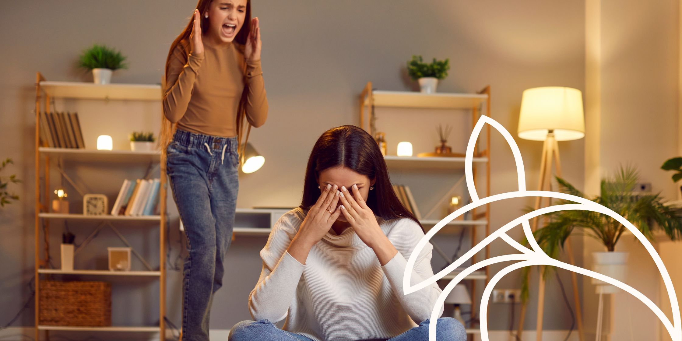 An adolescent girl has a meltdown while the mother sits quiet in worry.