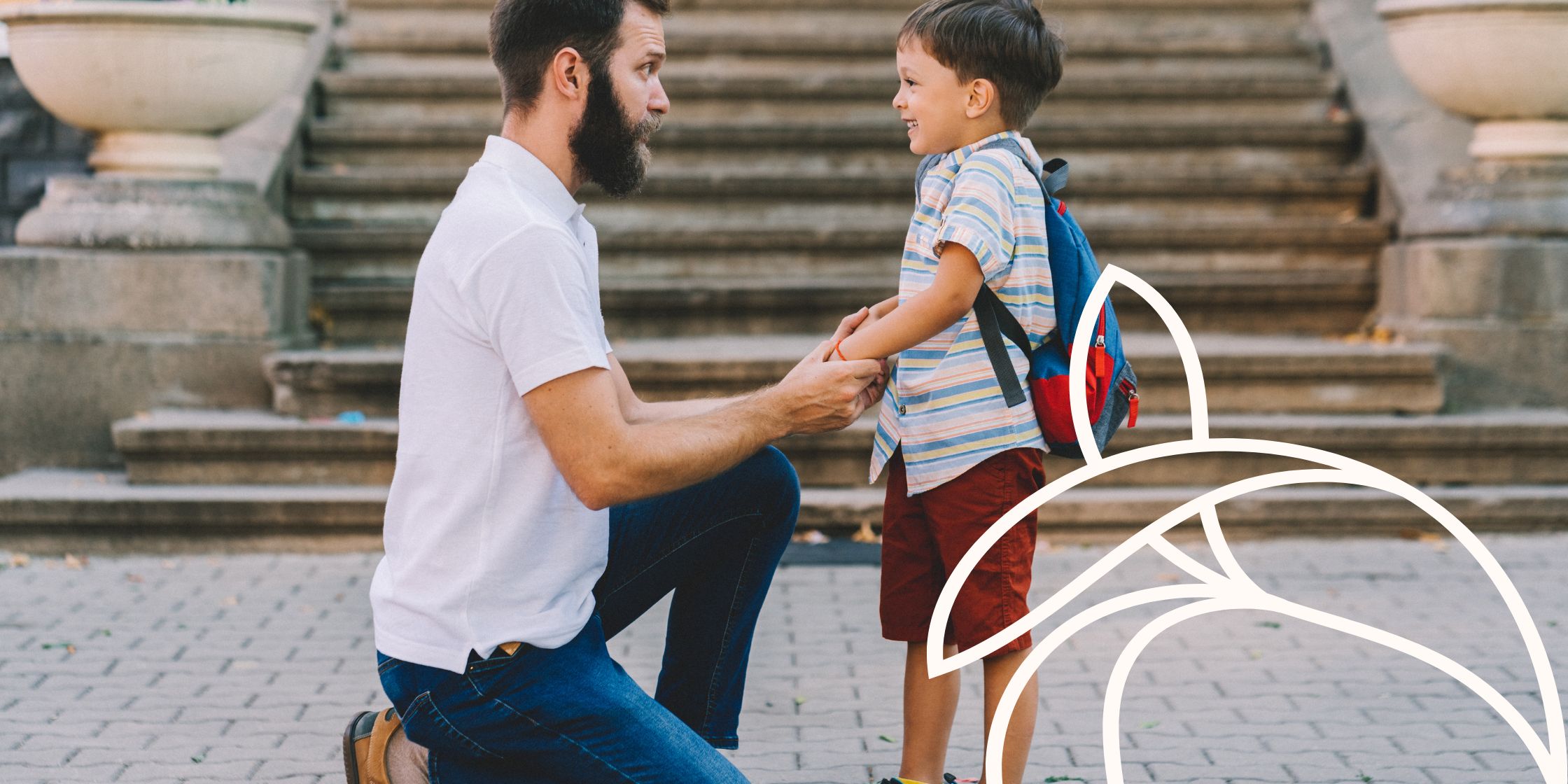 A father kneels to look at his son before parting for school.