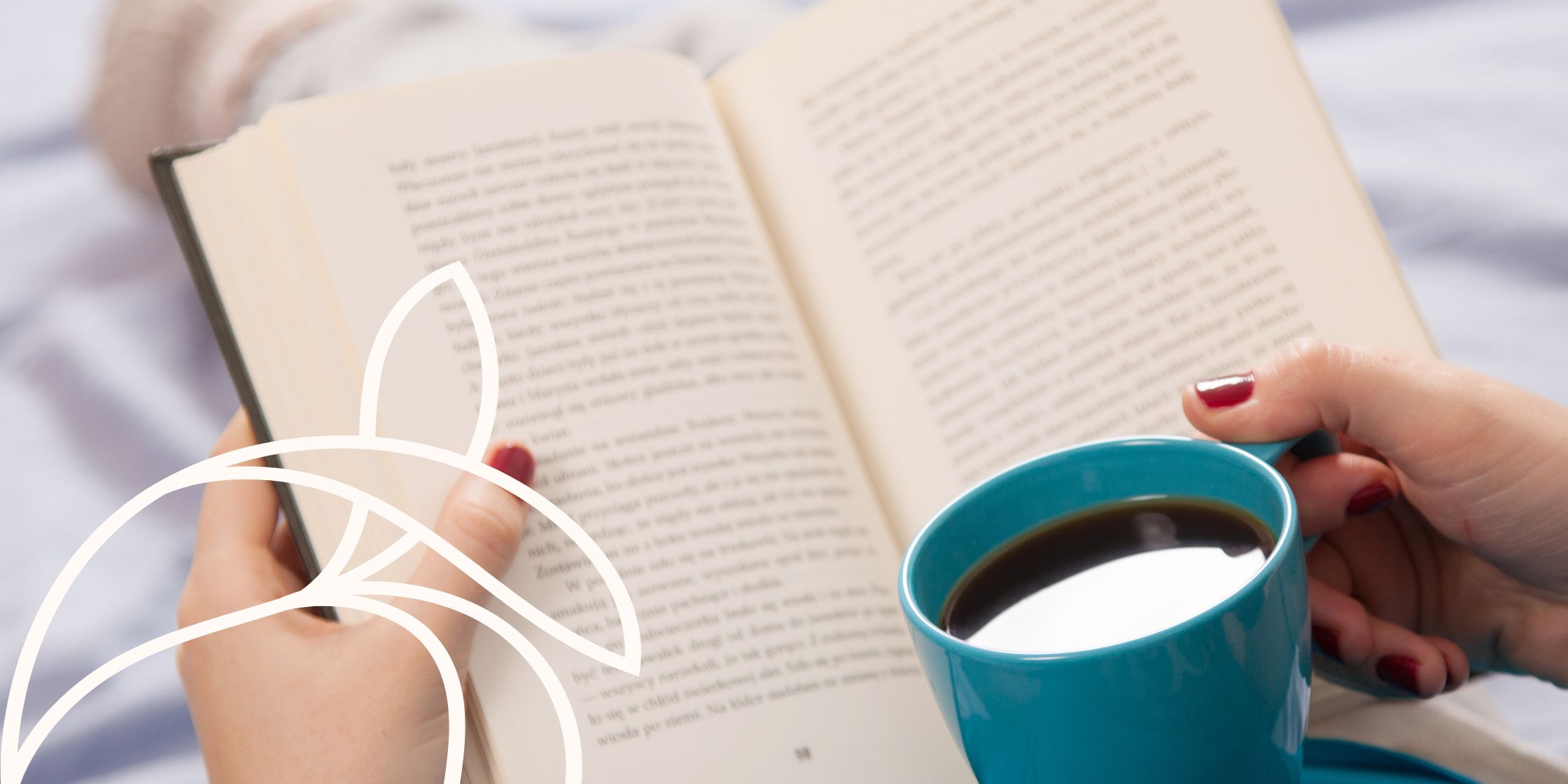 An over-the-shoulder view of a woman holding an open book in one hand and a cup of coffee in the other. Her face isn’t visible, but the peaceful atmosphere suggests a quiet, relaxing moment in her day.