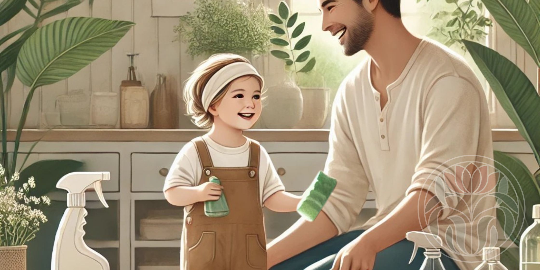 A father kneeling next to his daughter as they clean together in a bright, natural home. The space features lush indoor plants and eco-friendly cleaning supplies in glass bottles, symbolizing a healthy, toxin-free environment.