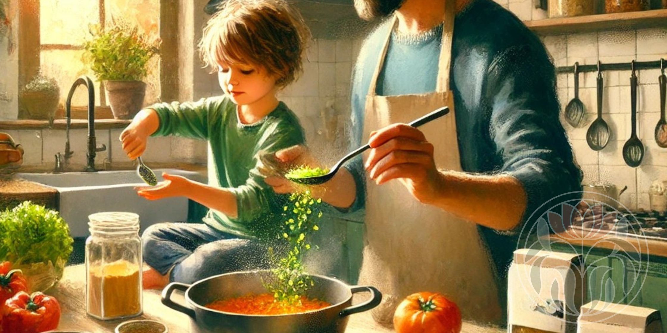 A father and his young son in a warm, inviting kitchen. The son sits on the kitchen island, engaging with the meal preparation while surrounded by fresh, colorful ingredients, symbolizing family connection and small, meaningful steps toward healthier meals.