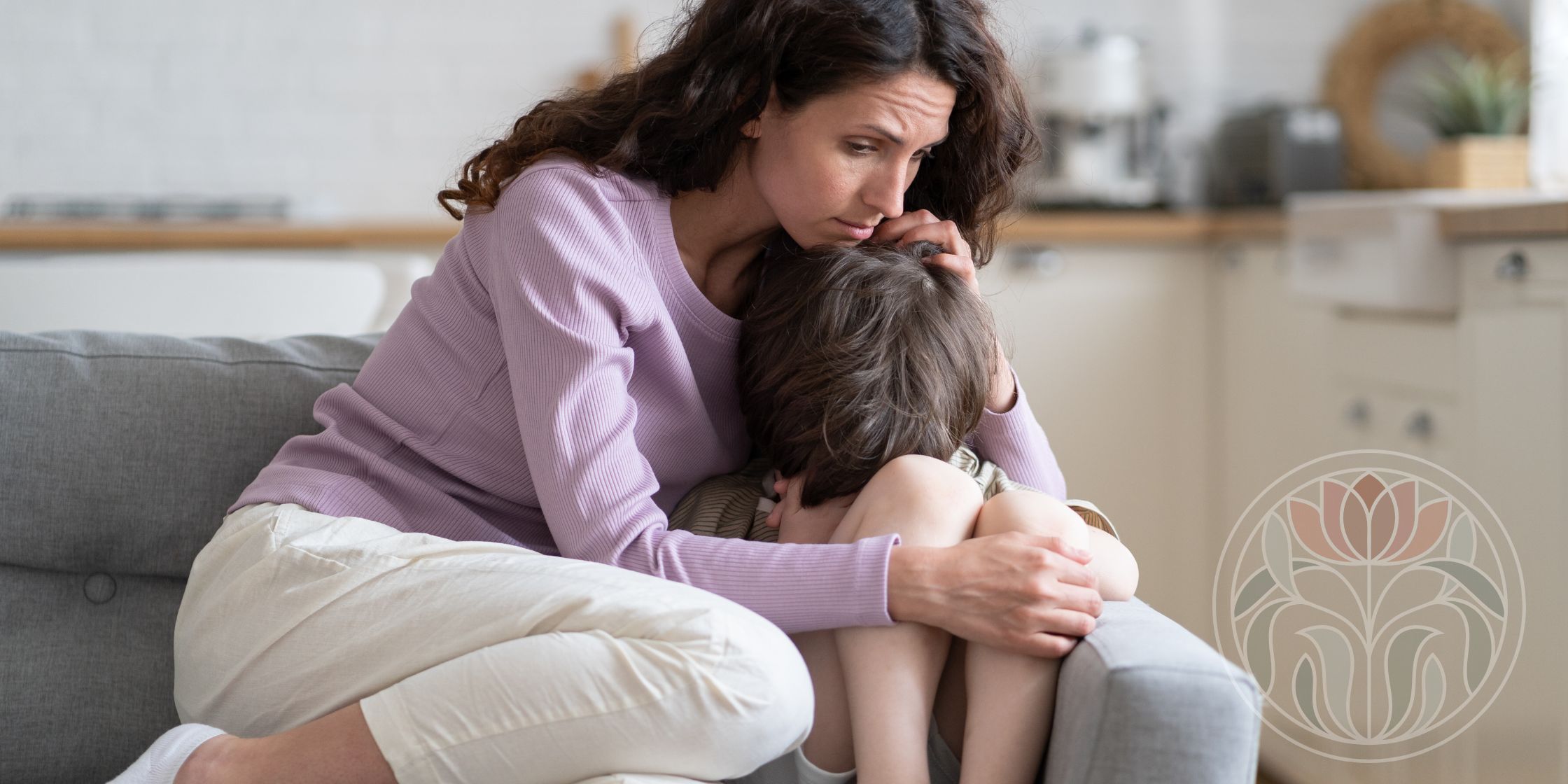 A modern-day mother gently comforting her angry son, who leans into her support. The mother appears calm yet tired, reflecting strength and resilience amidst the challenges of parenting.