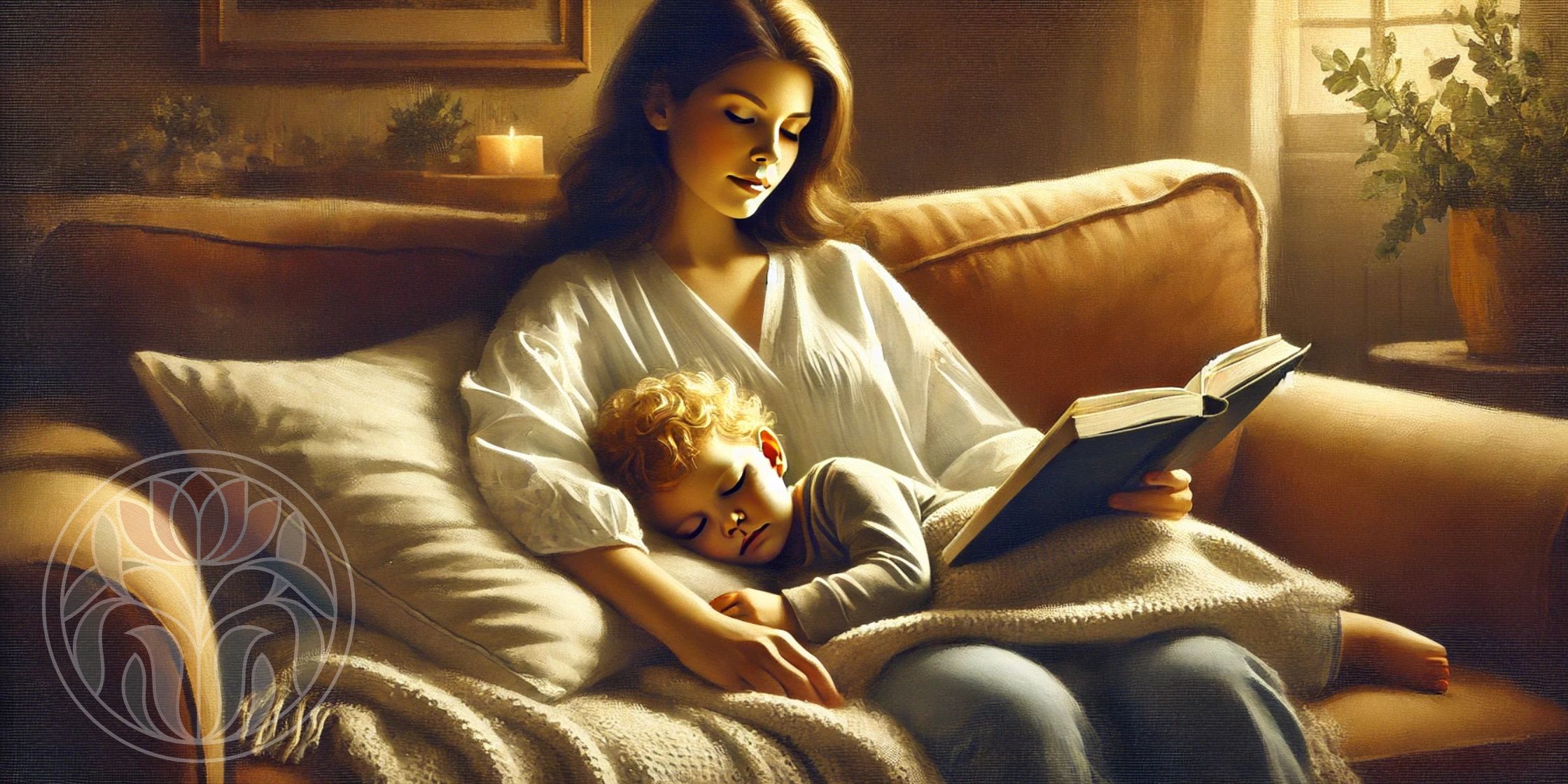 A warm, painterly-style illustration of a mother sitting on a cozy couch, reading a book while her child, around 6-7 years old, naps with their head in her lap. The scene exudes peace, comfort, and the balance of self-care and caregiving.