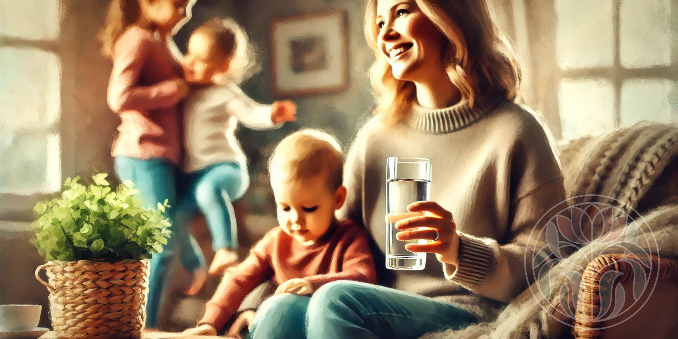 A mother sitting in a chair, holding a glass of water with a genuine smile, watching her children play in the background. A peaceful moment of self-care amid the busyness of parenting.