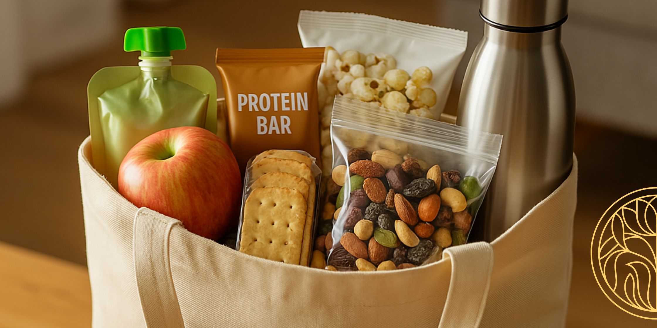 An off-white canvas tote bag neatly filled with healthy, shelf-stable snacks like applesauce pouches, protein bars, fruit, trail mix, and water bottles, placed on a kitchen counter.