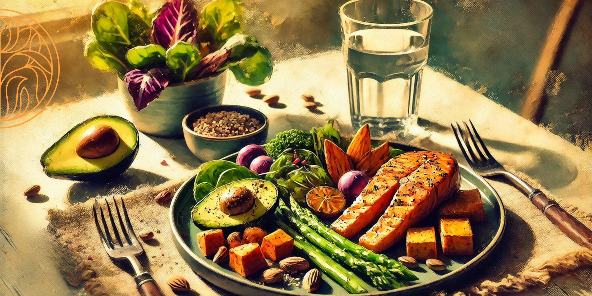 A painterly-style illustration of a balanced meal featuring grilled protein, fiber-rich vegetables, and healthy fats, set on a warm and inviting table with natural lighting.