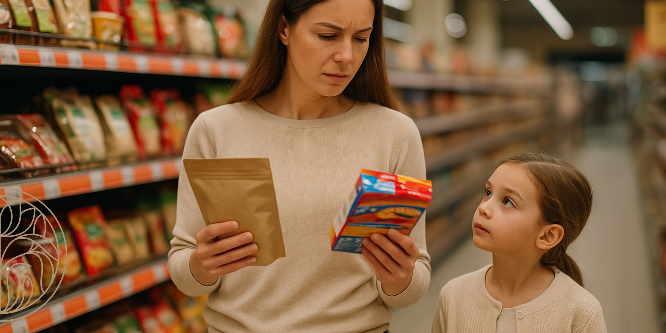 A mother compares two grocery items while her young daughter looks up curiously, standing beside her shopping cart.